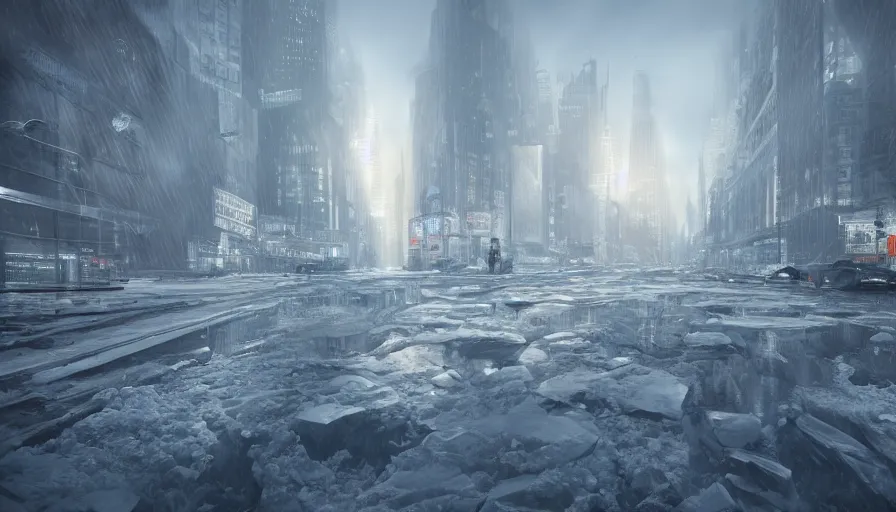 Image similar to New-York under ice and snow, wide view, volumetric light, hyperdetailed, artstation, cgsociety, 8k