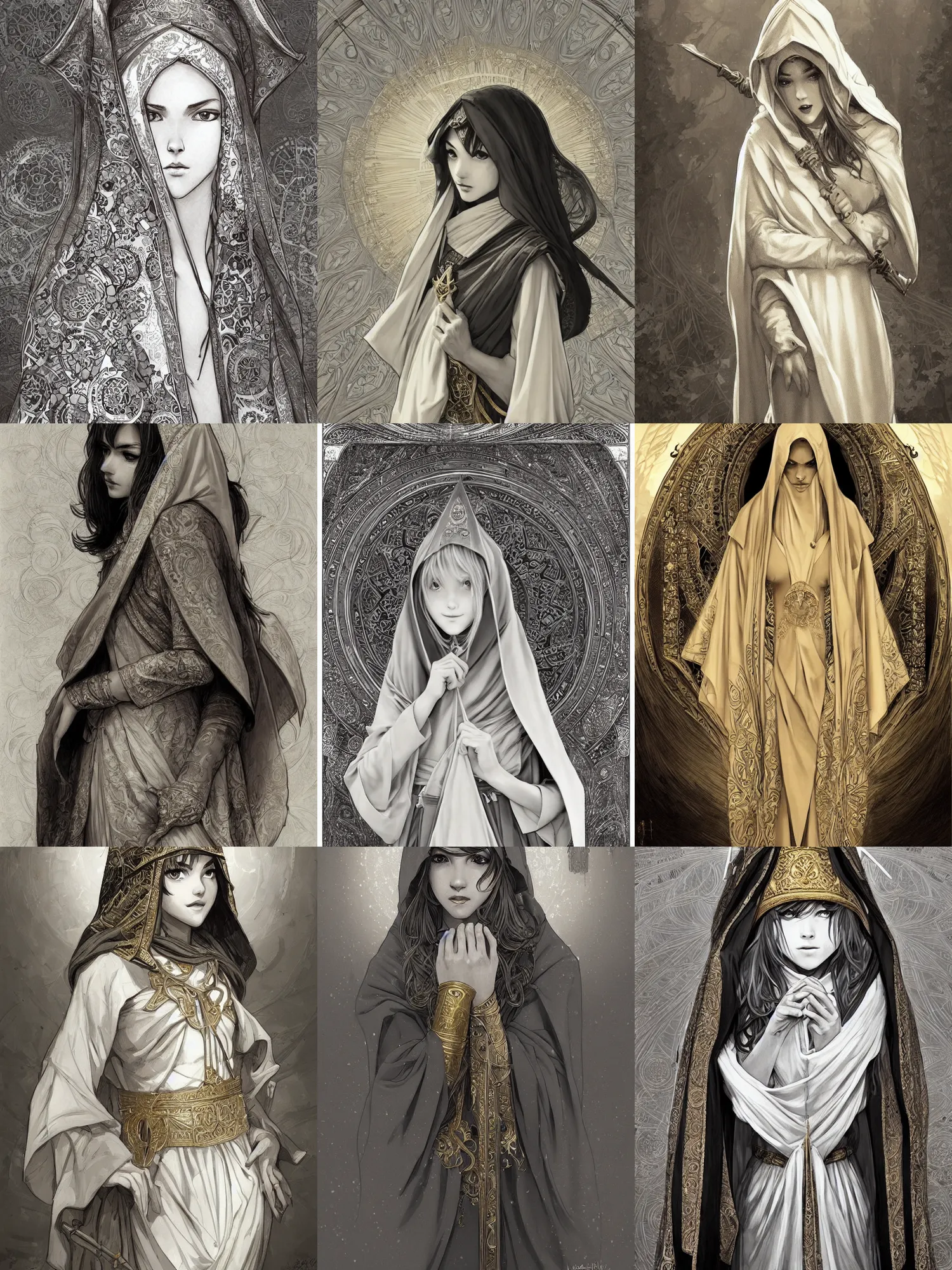Prompt: picture of a teenager priestess, short robes, ornamental hood, golden scarf, pointy hat, happy face, graceful, highly detailed, detailed face, grayscale, manga illustration, black and white, by artgerm, greg rutkowski, alphonse mucha
