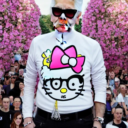 Image similar to photograph of Karl Lagerfeld wearing a hello kitty tshirt , highly detailed, 8k, cinematic,