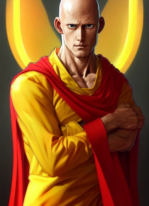 Image similar to ultra realistic illustration, handsome saitama. yellow and red cape, intricate, elegant, highly detailed, digital painting, artstation, concept art, smooth, sharp focus, illustration, art by artgerm and greg rutkowski and alphonse mucha and wlop