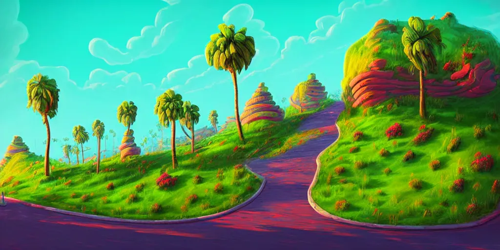 Image similar to curled perspective digital art of curly clouds cobblestone street with wildflowers to a casino in top of a hill with curly palmtrees by anton fadeev from nightmare before christmas