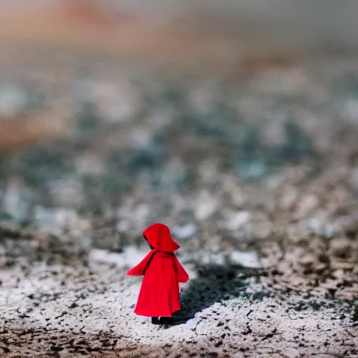 Image similar to a cinematic film still of a claymation stop motion film starring emma watson as little red riding hood, and realistic wolf, shallow depth of field, 8 0 mm, f 1. 8