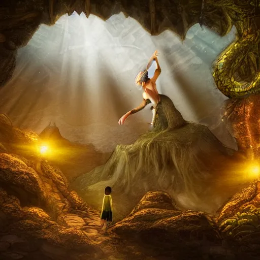 Image similar to my precious! - gollum / smeagol holds the ring high against the backdrop of a medieval village in switzerland, ornate, beautiful, atmosphere, vibe, flowers, concept art illustration, greg rutowski, volumetric lighting, sunbeams, particles