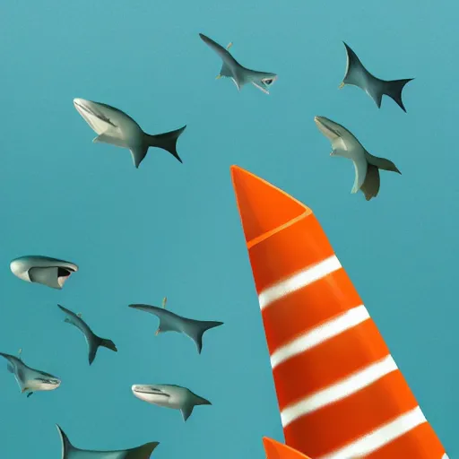 Image similar to orange and white striped traffic cone with 5 rows of shark teeth breaking through the cracks, ocean background detailed atmospheric - ron cheng & alphonse mucha, highly detailed, digital painting, ray tracing, concept art, illustration, smooth sharp focus, intricate, symmetry, artstation,