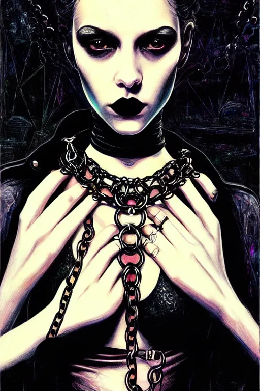 Prompt: dreamy gothic girl, black leather slim clothes, chains, colorful rings, beautiful body, detailed acrylic, grunge, intricate complexity, by dan mumford and by alberto giacometti, peter lindbergh