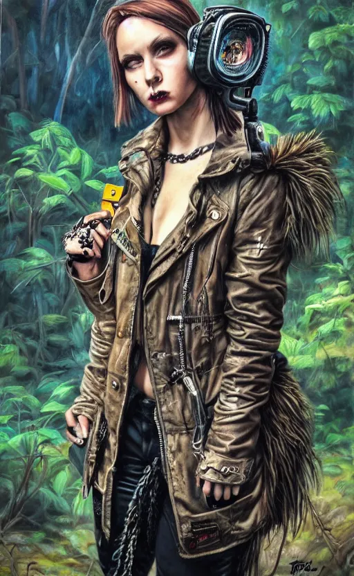 Image similar to cute punk rock girl making selfie in jungles, mad max jacket, renaissance, cables on her body, hyper realistic style, oil painting, highly detailed, fantasy by Olga Fedorova