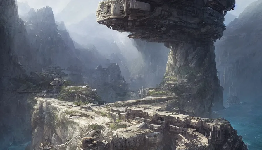 Image similar to imperial base on a cliff overlooking a magnificient bay, by james gurney, greg rutkowski, drawing architecture, highly detailed digital art, artstation, greig fraser