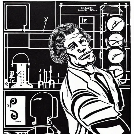 Prompt: a black and white drawing of a man in a lab, a mid - nineteenth century engraving by eduardo paolozzi, behance, les automatistes, concert poster, poster art, tarot card