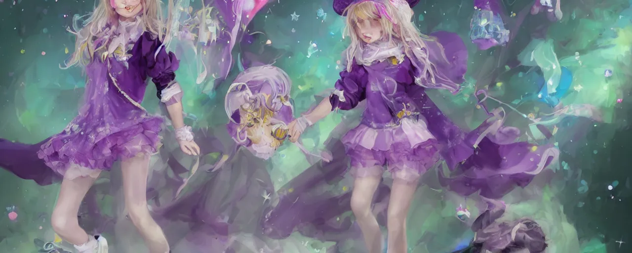 Image similar to A character sheet of a very cute magical girl with short blond hair wearing an oversized purple Beret, Purple overall shorts, Short Puffy pants made of silk, pointy jester shoes, a big scarf, and white leggings. Rainbow accessories all over. Flowing fabric. Covered in stars. Short Hair. Art byy Seb McKinnon and WLOP and Artgerm and william-adolphe bouguereau. Fashion Photography. Decora Fashion. harajuku street fashion. Kawaii Design. Intricate, elegant, Highly Detailed. Digital Art. Fantasy. Concept Art. Smooth, Sharp Focus, Illustration Photo real. realistic. Soft Lighting. 4K. UHD. Denoise.