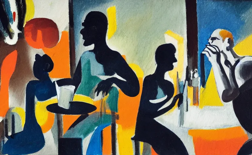Prompt: oil painting in the style of john craxton. sailors talking in the shadows of jazz club. cheekbones. looking. strong expressions on faces. smoke. holding cigarettes. playing cards. scratch. strong lighting. brush. single flower. in the style of ivon hitchins. seated figure hands on table. line drawing. high detail.