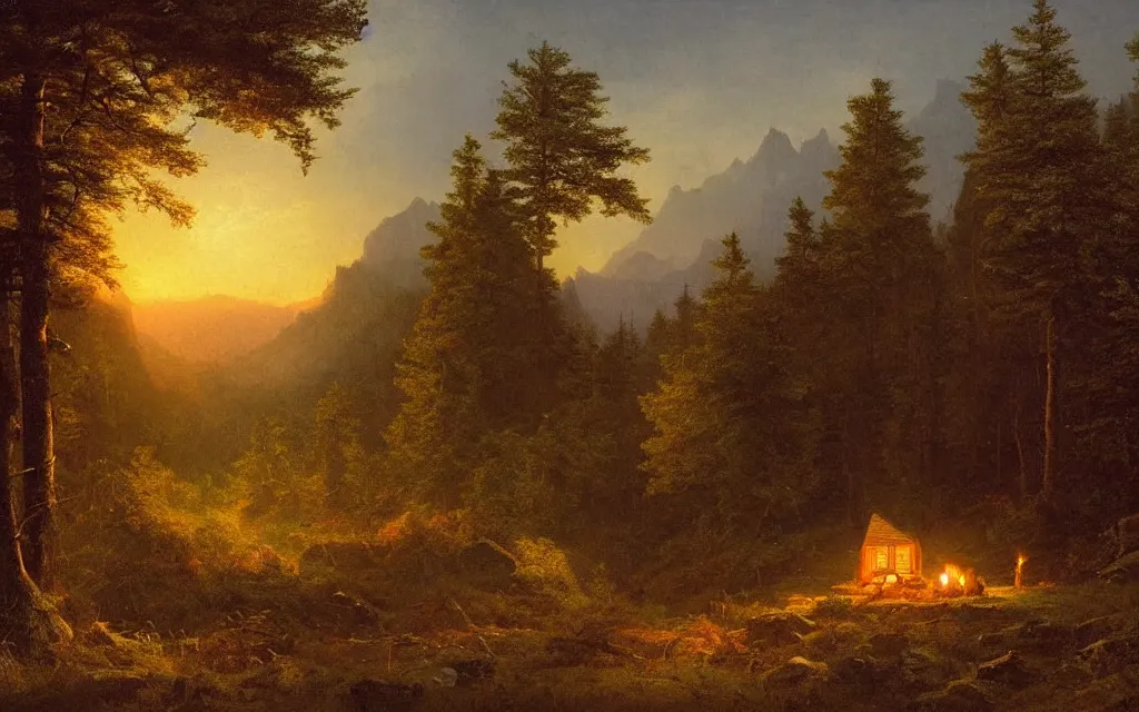 Prompt: small wood cabin with a small campfire on the edge of a forest overlooking a beautiful valley at dusk, mountainous backdrop, cinematic lighting, intricate ink illustration, by albert bierstadt