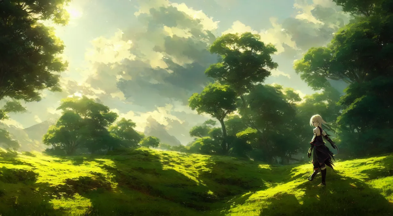 Image similar to beautiful anime wallpaper, landscape, green rolling hills, bright, intricate, sharp focus, lens flare, bloom, illustration, highly detailed, digital painting, concept art, matte, art by ruan jia and wlop and greg rutkowski, masterpiece