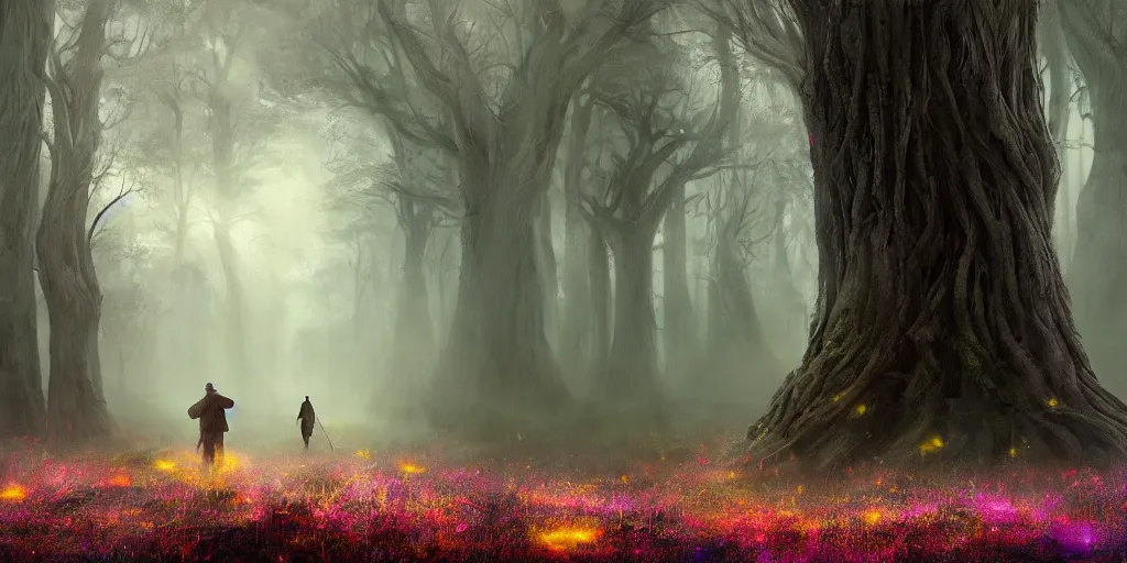 Prompt: an dark wizard of old walking through an open field with his staff in a beautiful forest of ancient neurons and pink and yellow glowing synapses runnig through the forest towards a monolithic grey ruined neoclassical tower, huge incredibly immense trees, highly detailed, hyperrealism, cgsociety, 8k, ancient forest like fanal forest, misty forest, realistic painting, sharp image, hyper realistic art, cinematic, art by konstantin razumov, chiaroscuro