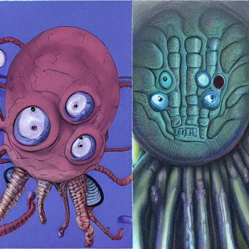 Image similar to painting of alien creatures that look like spongebob and patrick, in the style of wayne barlowe