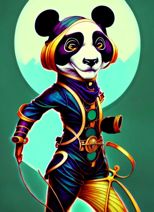 Image similar to don bluth, loish, artgerm, joshua middleton, steampunk, clockpunk anthropomorphic panda, full sailor suit, symmetrical eyes symmetrical face, colorful animation forest background