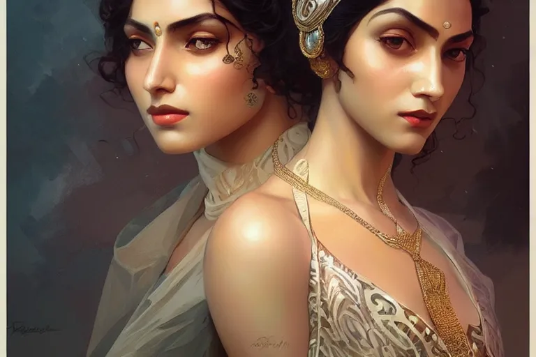 Image similar to sensual pale beautiful bengali girl, art deco portrait, elegant, intricate, digital painting, artstation, concept art, smooth, sharp focus, illustration, art by artgerm and greg rutkowski and alphonse mucha