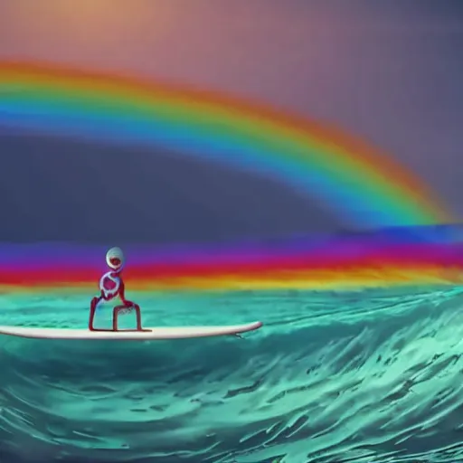 Prompt: 8k cinematic skeleton on a surfboard over a rainbow wave