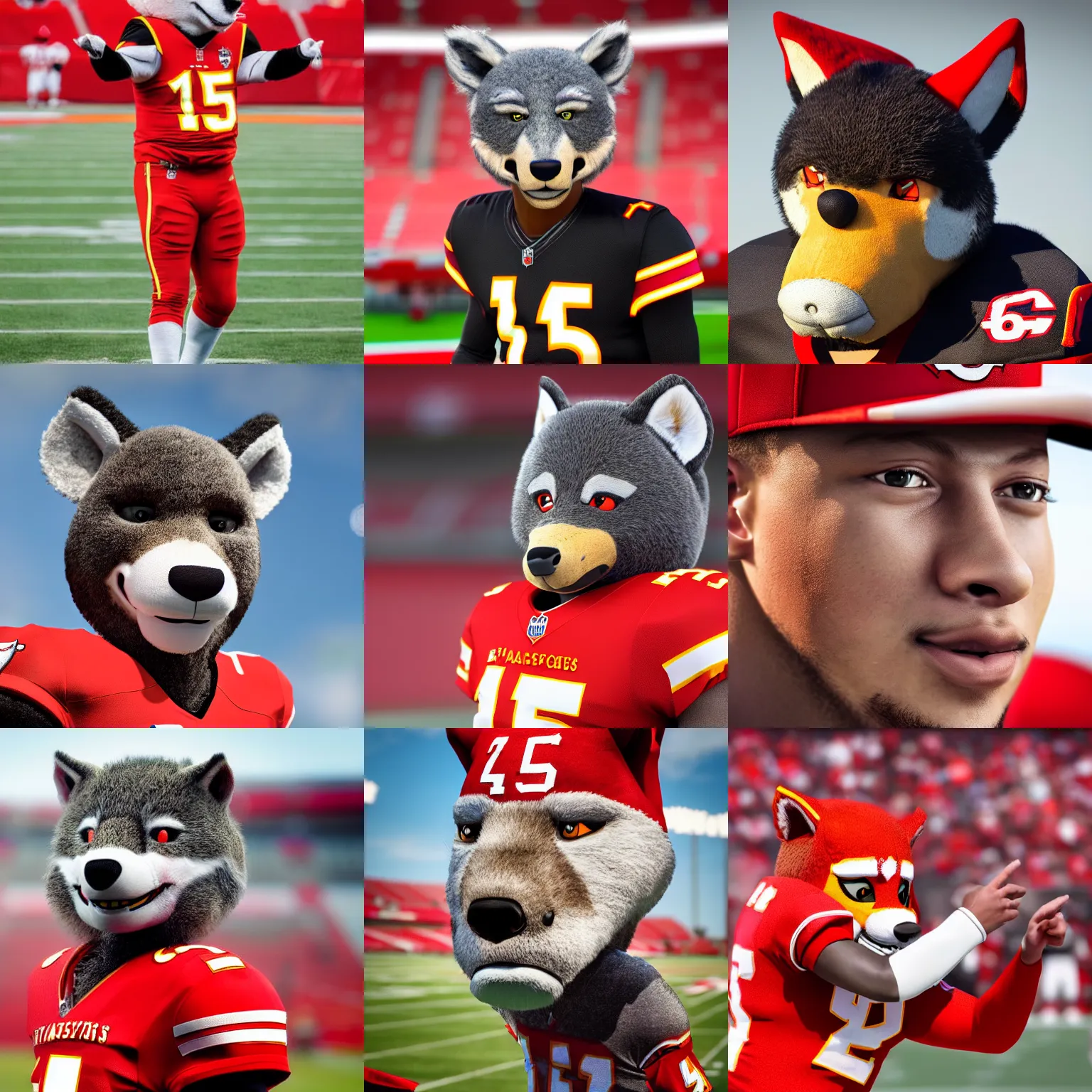 Prompt: a closeup photorealistic photograph of Patrick Mahomes as the KC Wolf mascot at Arrowhead Stadium. This 4K HD image is Trending on Artstation, featured on Behance, well-rendered, extra crisp, features intricate detail and the style of Unreal Engine.