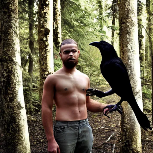 Image similar to male human and crow!! chimera, photograph captured in a forest