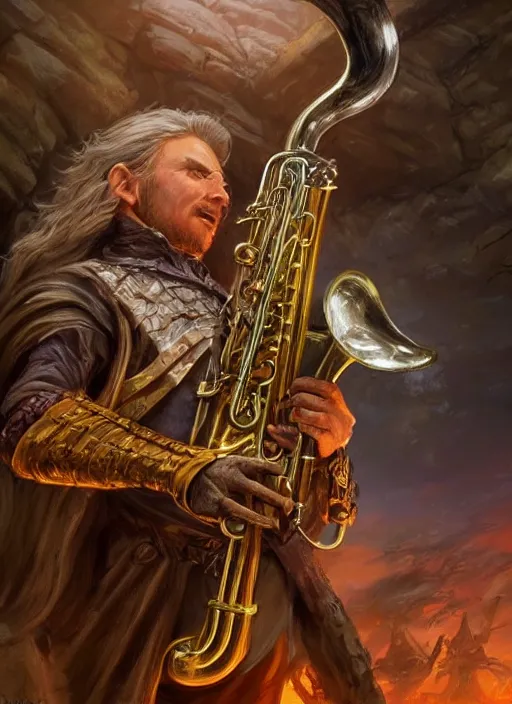 Prompt: bard playing trumpet, ultra detailed fantasy, dndbeyond, bright, colourful, realistic, dnd character portrait, full body, pathfinder, pinterest, art by ralph horsley, dnd, rpg, lotr game design fanart by concept art, behance hd, artstation, deviantart, hdr render in unreal engine 5