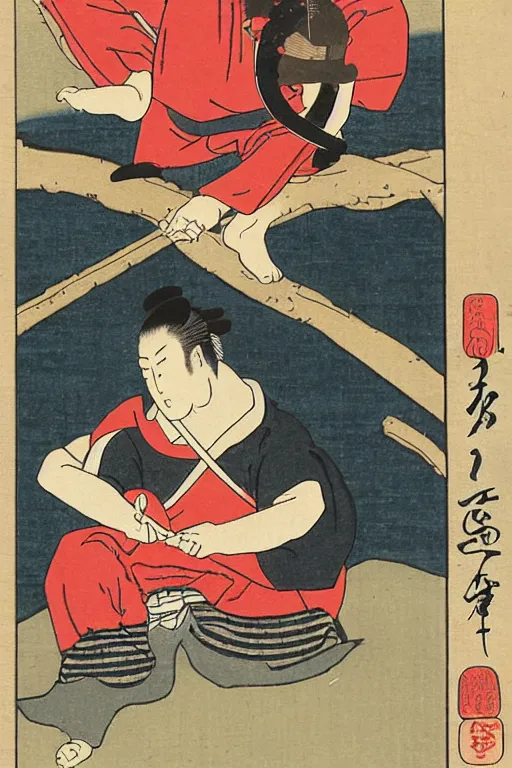 Prompt: Ukiyo-e art of gopnik squatting under birch