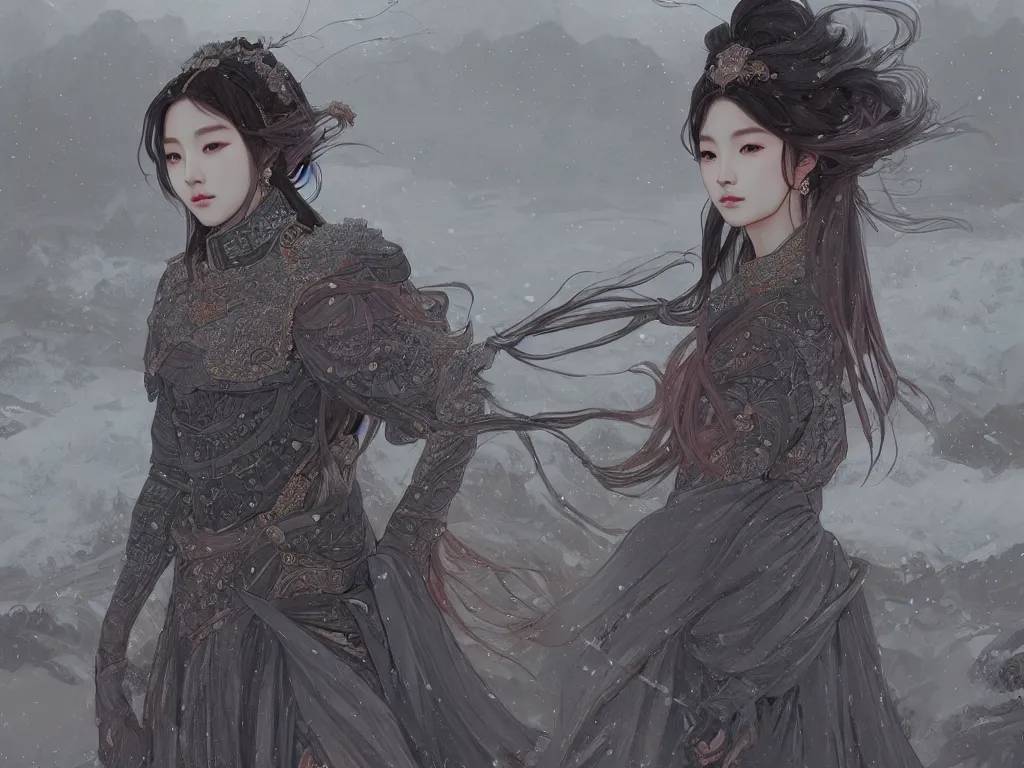 Image similar to portrait jisoo blackpink, grey hair armored samurai clothes, in japanese temple stormy snowy sunrise, ssci - fi and fantasy, intricate and very very beautiful and elegant, digital painting, artstation, concept art, smooth and sharp focus, illustration, art by tian zi and wlop and alphonse mucha