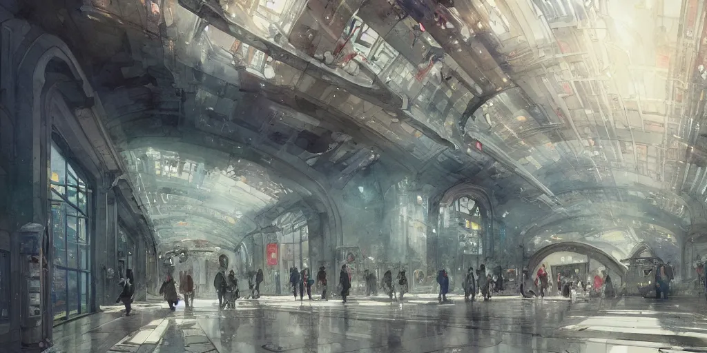 Prompt: a beautiful insanely intricate watercolor illustration of modern metro station, reflexions, colorfull, by william turner art, by greg rutkowski, by james jean, by rossdraws, by frank franzzeta, by sakimichan, trending on artstation, insanely detailed, masterpiece,