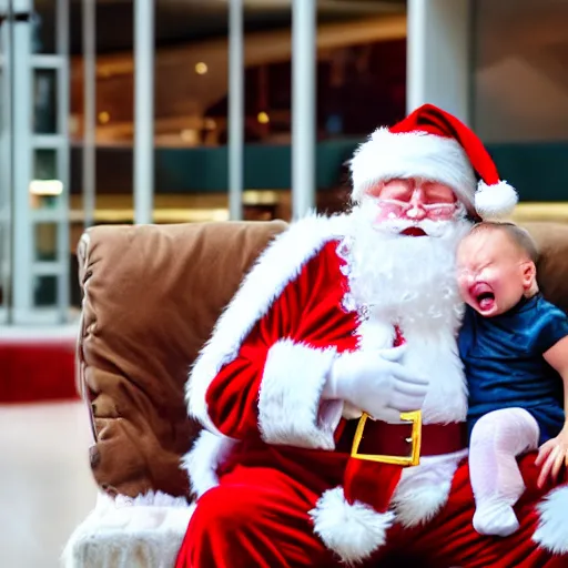 Prompt: a drunk santa crying while having a chils on his lap, shopping mall