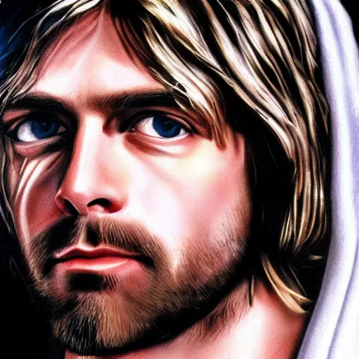 Image similar to Kurt Cobain as Jesus Christ, hyperrealism, detailed portrait