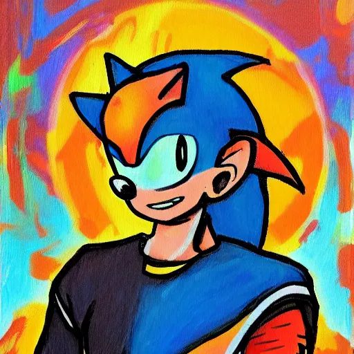 Prompt: psychedelic oil painting sketch of a Sonic in the style of Sachin Teng john william waterhouse