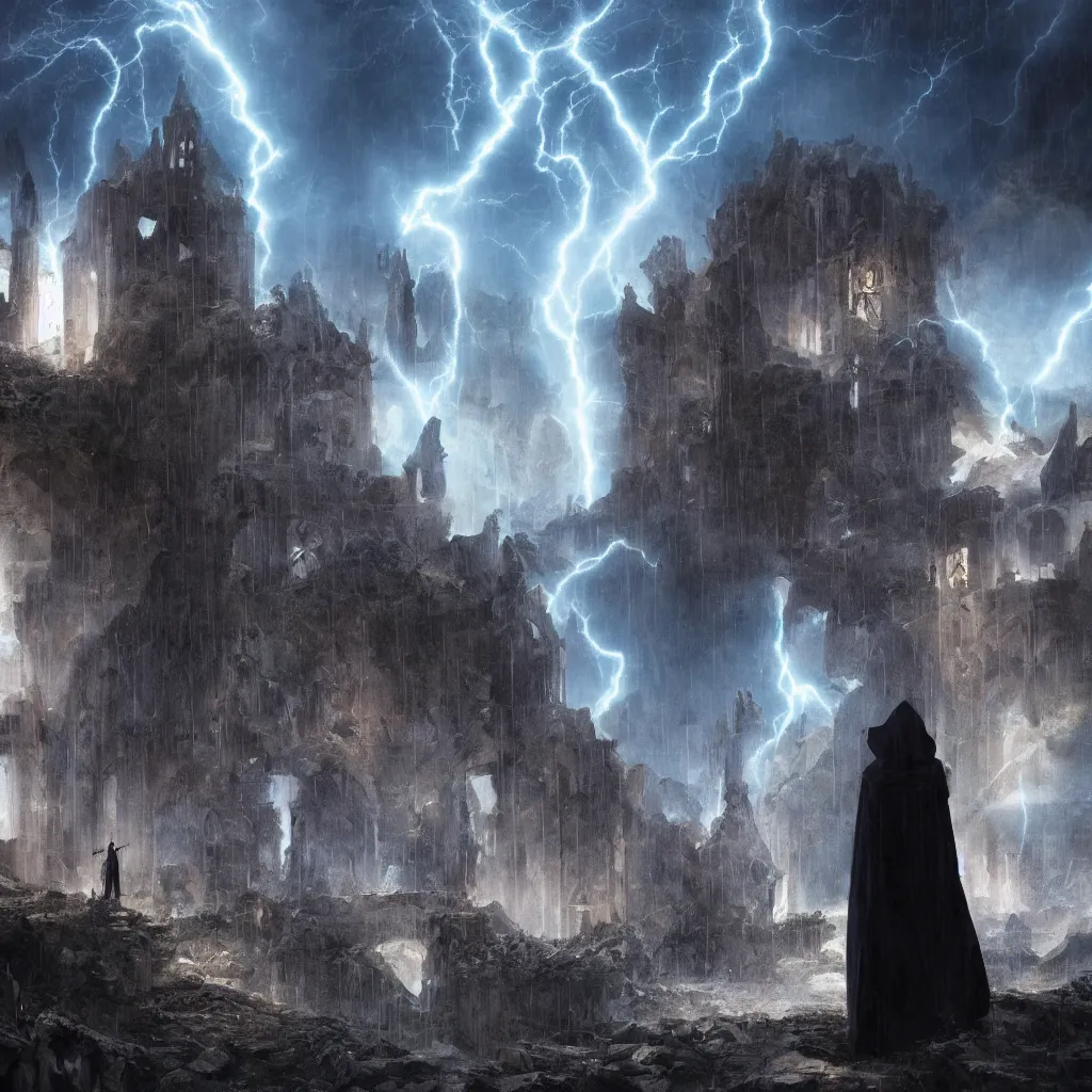 Image similar to a still of a cloaked figure standing in the ruins of crux prime, monastery, there is lightning, blue fiery maelstrom in the distance, it is raining, digital art, artstationhq