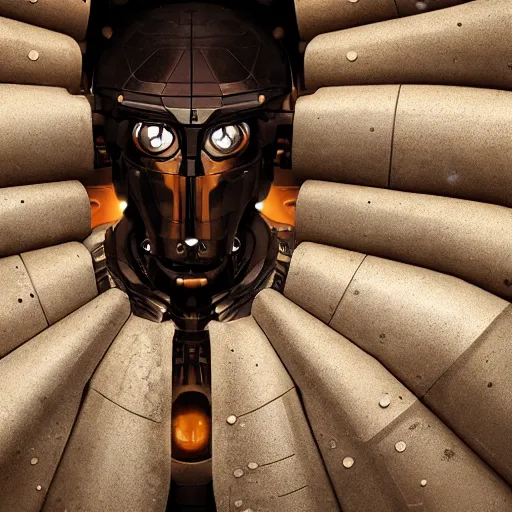 Image similar to detailed face of a synthetic sentient super - intelligent humanoid with eyes warming up, rammed earth courtyard, cool skydome, fresh atmosphere, ambient, rick guidice, syd mead, livia prima, greg rutkowski