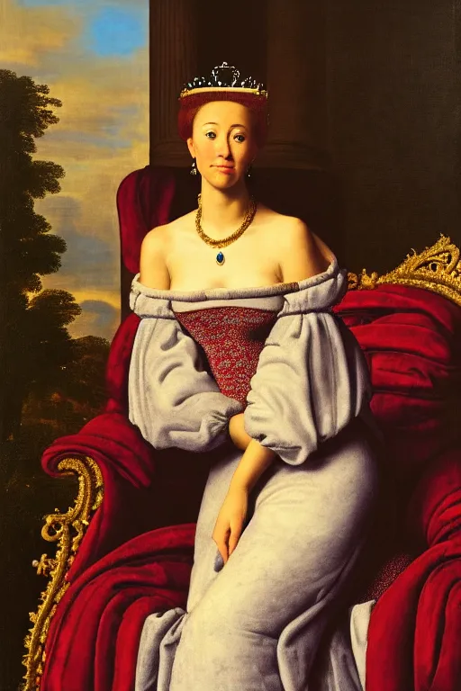 Image similar to portrait of a beautiful woman sitting on a throne