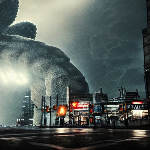 Image similar to 8 k hd detailed octane render of a kaiju in city in a thunderstorm