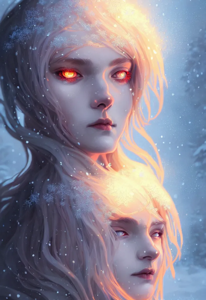 Image similar to beautiful ancient frost witch, eye fire, snow glow, snowfall, highly detailed, digital painting, artstation, sharp focus, illustration, art by tan zi and ayanamikodon and alphonse mucha and wlop