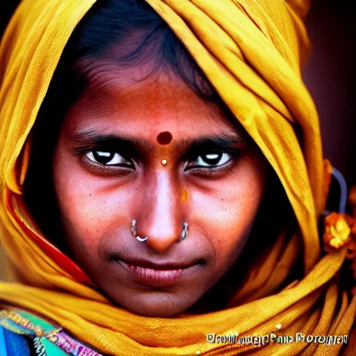 Image similar to portrait beautiful Indian young woman, by Steve McCurry, clean, detailed, award winning