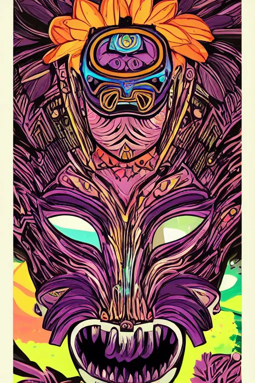 Image similar to animal mask totem roots flower tribal feather gemstone plant wood rock shaman vodoo video game vector cutout illustration vivid multicolor borderlands comics by josan gonzales and dan mumford radiating a glowing aura