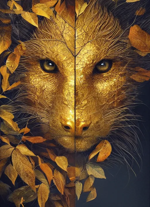 Image similar to golden leaves at frame border, creative!!! composition for a book cover, absurdly beautiful, ultrafine hyperrealistic detailed animal face by wlop and artgerm and greg rutkowski, intricate linework, sharp focus, smooth, octopath traveler, final fantasy, unreal engine, dramatic lighting, ethereal, 8 k