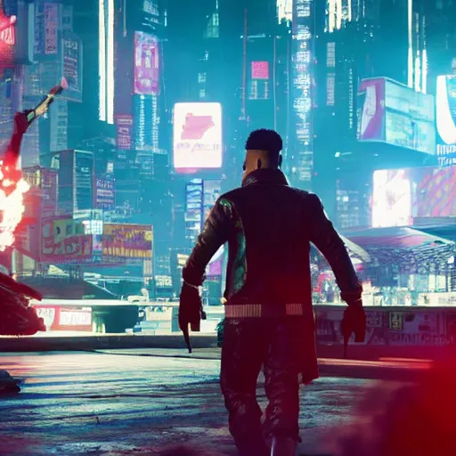 Image similar to 2 1 savage rapping on a stage in front of a crowd in cyberpunk 2 0 7 7, gameplay screenshot, detailed