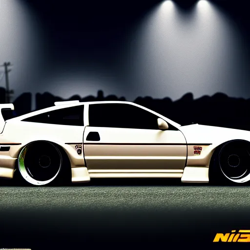 Image similar to a car 300ZX turbo drift at illegal car meet, Chiba prefecture, city midnight mist lights, cinematic lighting, photorealistic, highly detailed wheels, high detail