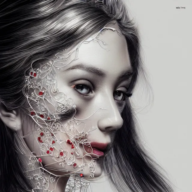 Image similar to studio portrait of absurdly beautiful, elegant, young woman made of rubies, ultrafine hyperrealistic detailed face illustration by kim jung gi, irakli nadar, intricate linework, sharp focus, bright colors, matte, octopath traveler, final fantasy, unreal engine highly rendered, global illumination, radiant light, intricate environment