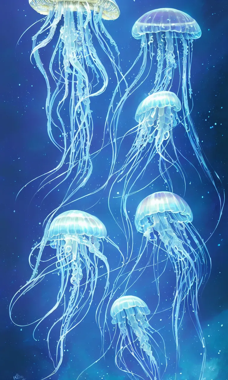 Image similar to detailed jellyfish in space, blue tones, underwater, full frame, highly detailed, digital painting, artstation, concept art, smooth, sharp focus, illustration, art greg rutkowski and alphonse mucha