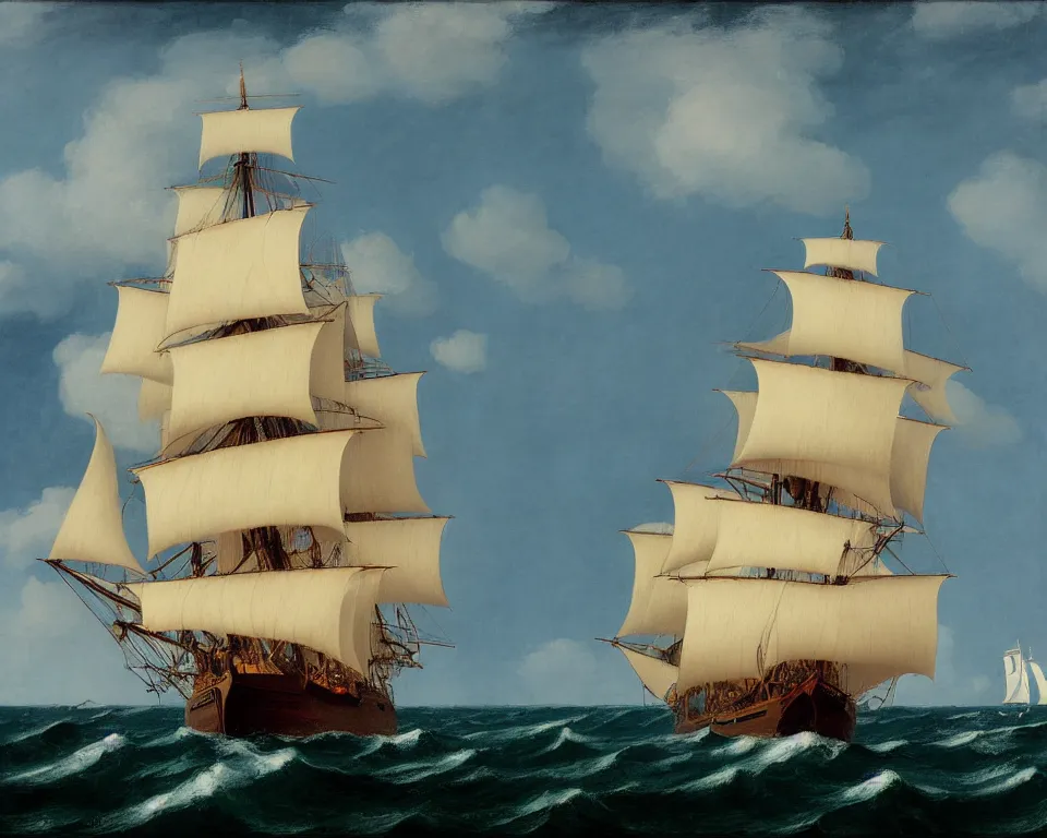 Image similar to an achingly beautiful print of the HMS Bounty sailing on stormy seas by Raphael, Hopper, and Rene Magritte. detailed, romantic, enchanting, trending on artstation.