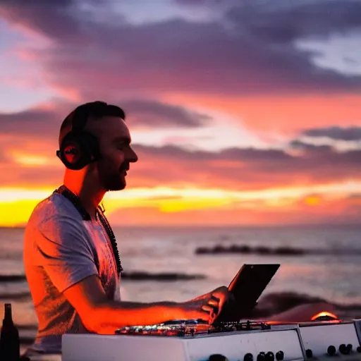 Prompt: peter salanki real life djing a beach party with a beautiful sunset