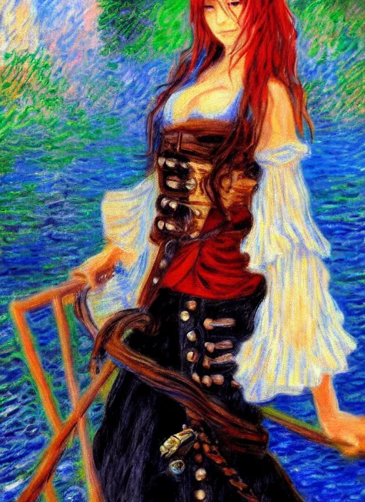 Image similar to a portrait of a female pirate, anime in impressionist style, trending artwork, 4 k, anime painter studio, by claude monet