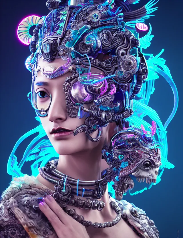 Image similar to 3 d goddess close - up profile portrait cyberpunk with ram skull. beautiful intricately detailed japanese crow kitsune mask and clasical japanese kimono. betta fish, jellyfish phoenix, bio luminescent, plasma, ice, water, wind, creature, artwork by tooth wu and wlop and beeple and greg rutkowski