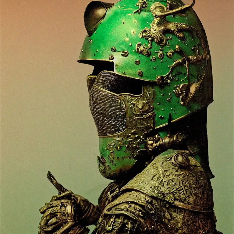 Prompt: portrait of a knight in a ornate motorcycle dirt helmet, background green plastic bag,, by zdzisław beksinski, elegant, fashion studio, ighting, 3 5 mm, edward hopp