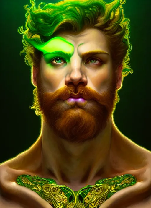 Image similar to portrait of demigod hercules, wavy auburn hair, wild board hide, glowing eyes, volumetric lights, green yellow scheme, art nouveau botanicals, gothic, intricate, highly detailed, digital painting, artstation, concept art, smooth, sharp focus, symmetric face, illustration, steampunk, art by artgerm and greg rutkowski and alphonse mucha