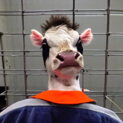 Image similar to mugshot of a cute calf dressed as an inmate inside jail