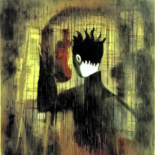 Prompt: Inside on a rainy day, by Dave McKean